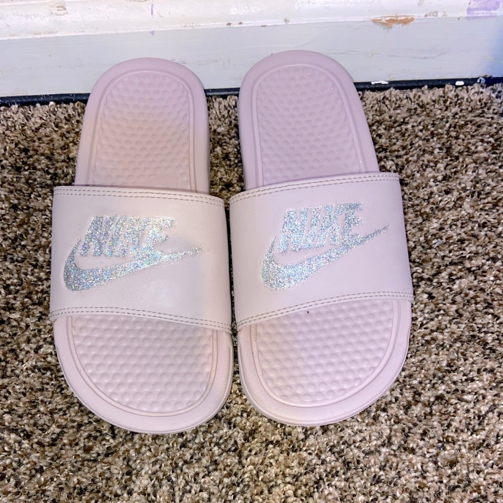 Vans slides with glitter lettering